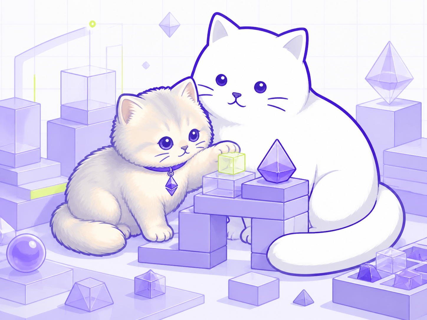 The adult cat and kitten build a structure from glowing geometric blocks