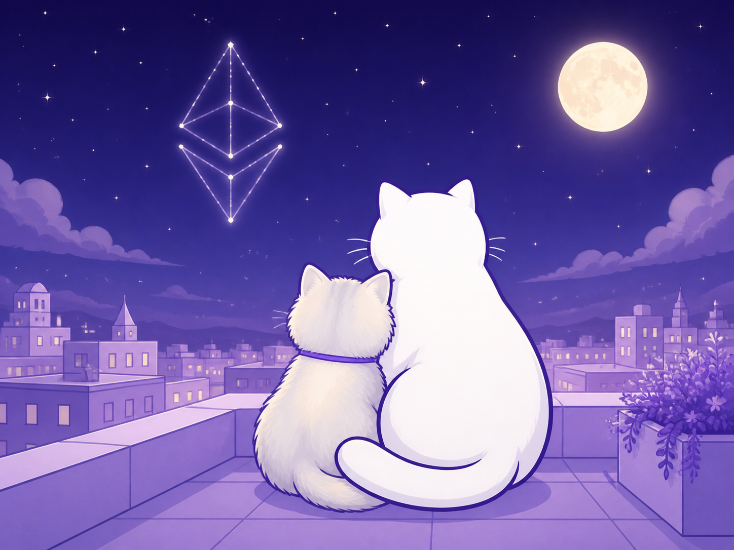 The two cats sit together under a violet sky and diamond-shaped constellation