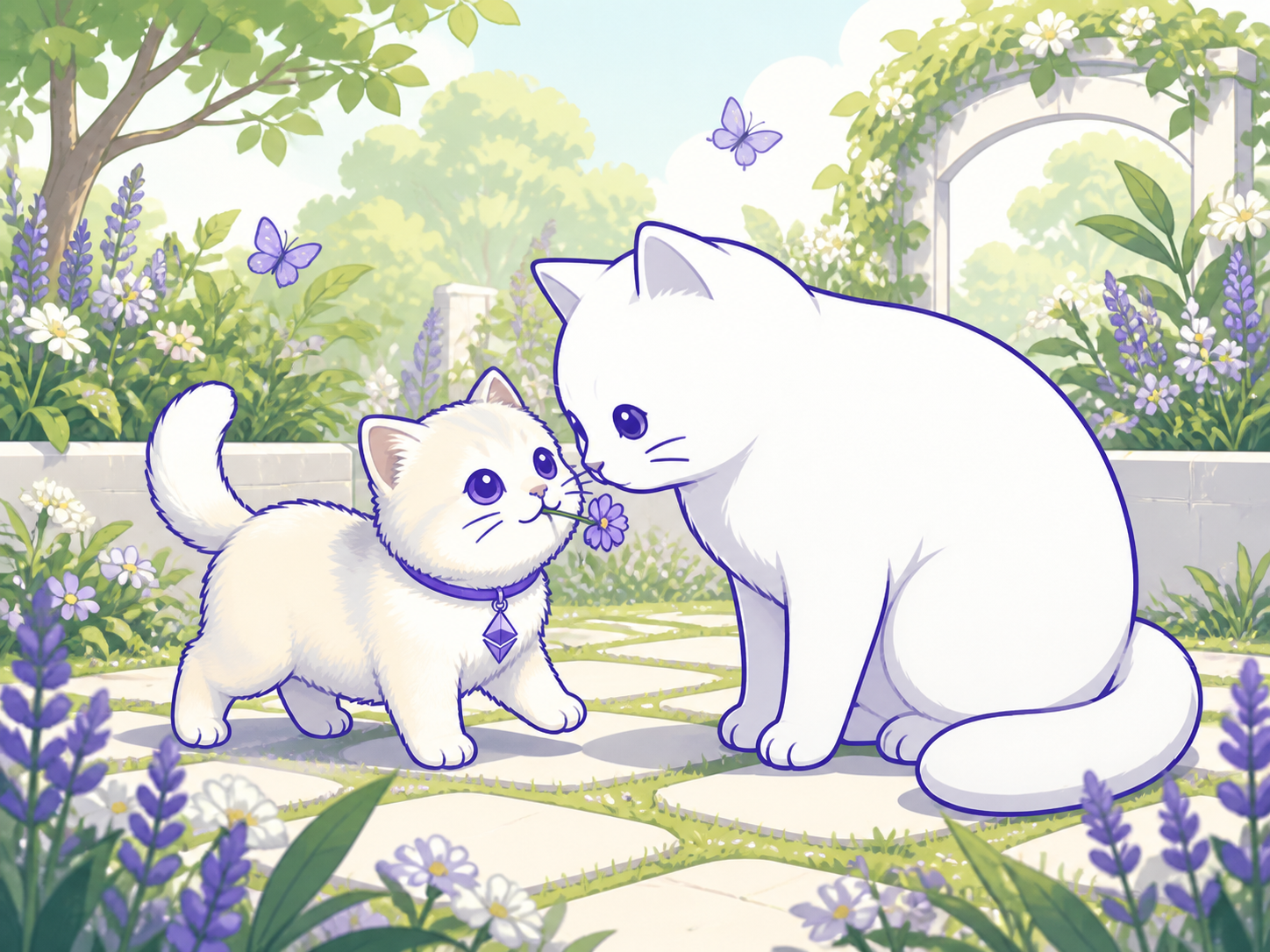 The kitten offers the adult cat a purple flower in a sunny garden