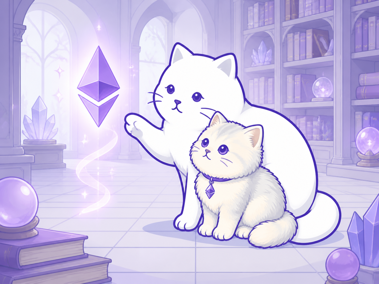 The adult cat teaches the kitten about a glowing purple prism in a library