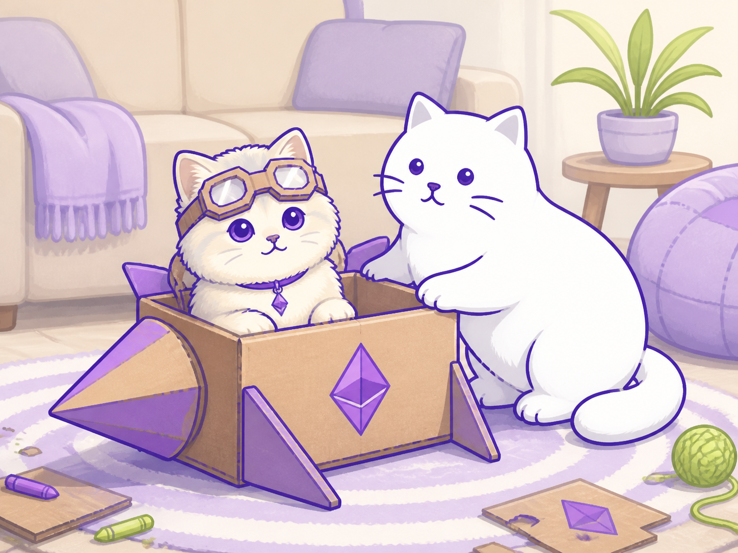 The kitten sits in a homemade cardboard rocket while the adult cat steadies it