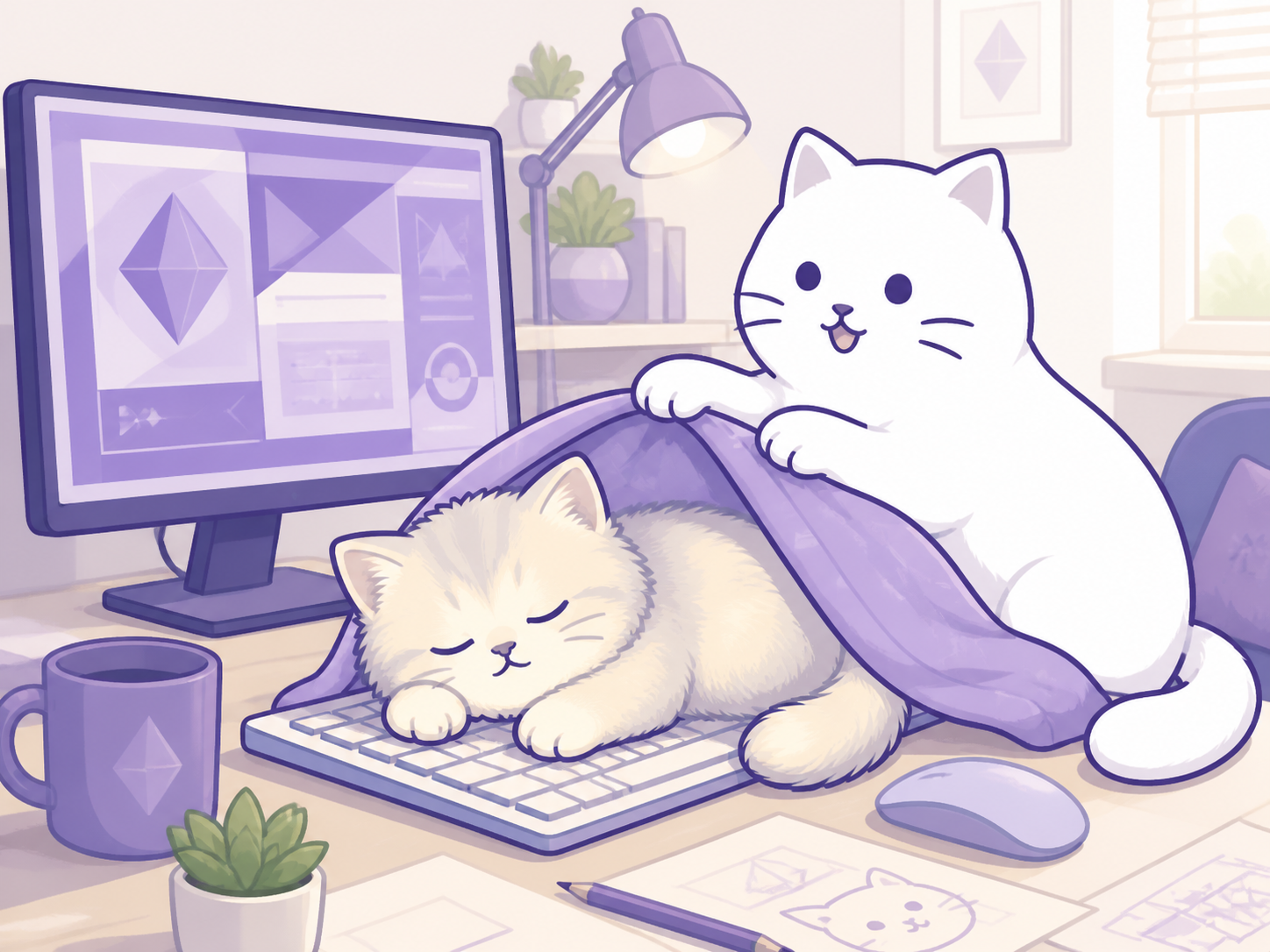The kitten sleeps on a keyboard while the adult cat covers it with a blanket