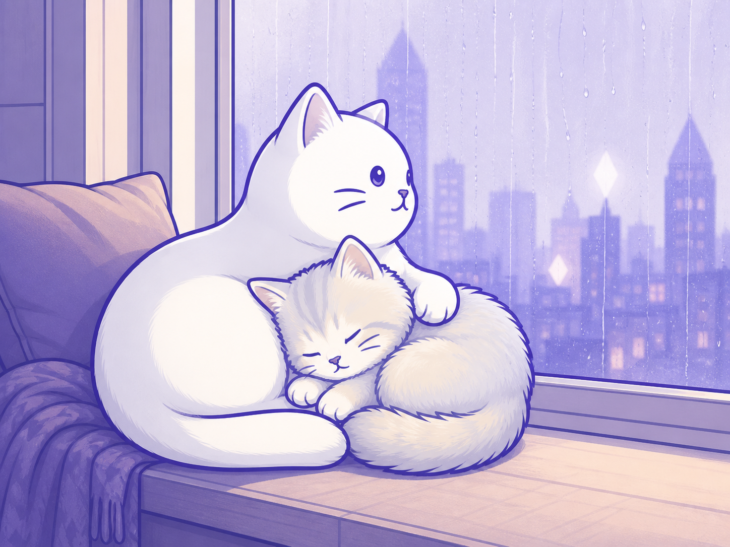 The two cats cuddle together on a window seat during the rain